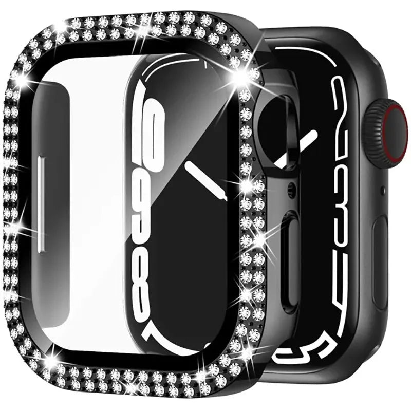 Apple Watch case with double diamond glass screen protector in rose pink colour on a 44mm watch.