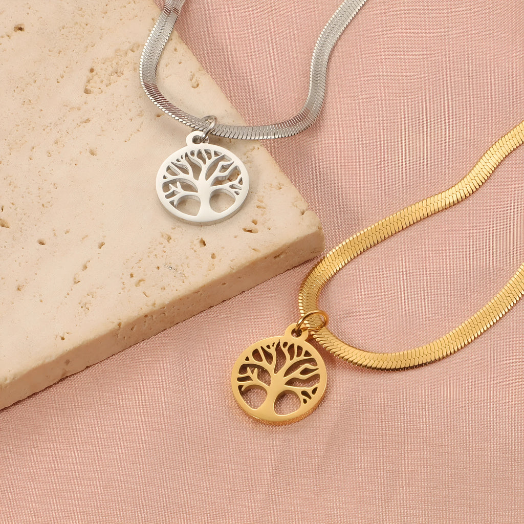Stainless steel lucky tree necklace with U-shaped pendant on an adjustable snake bone chain.