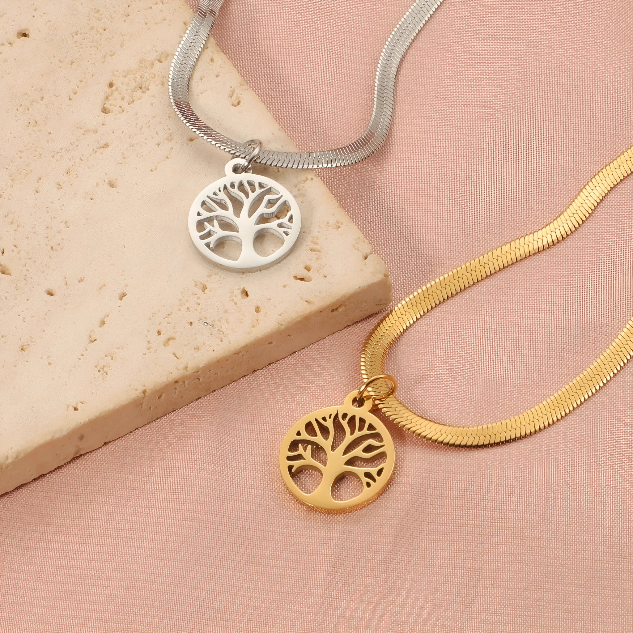 Stainless steel lucky tree necklace with U-shaped pendant on an adjustable snake bone chain.