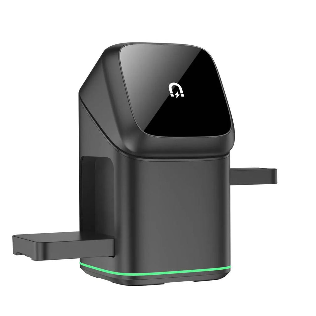 Black mobile phone magnetic wireless charging stand showing 180-degree rotation adjustment