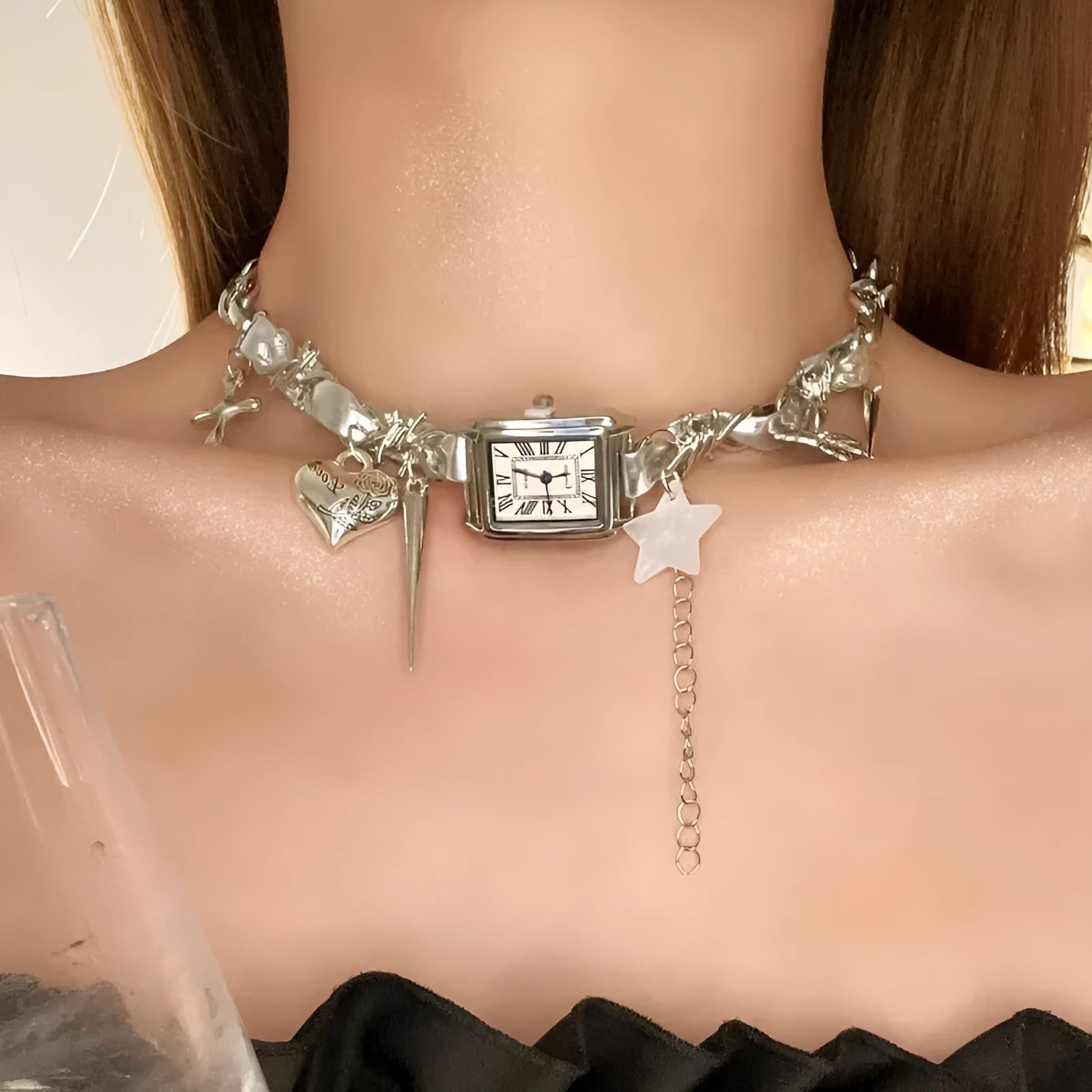 Dark style multi-layer cross necklace with twin clavicle chains and hemp flowers texture