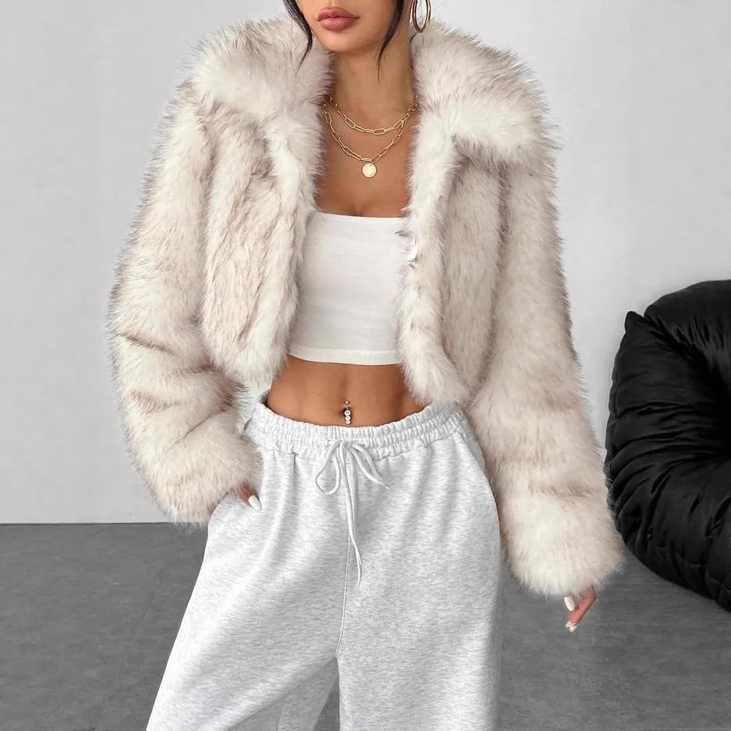 Artificial fox fur fashion coat with fur collar in short 40cm length and long sleeves