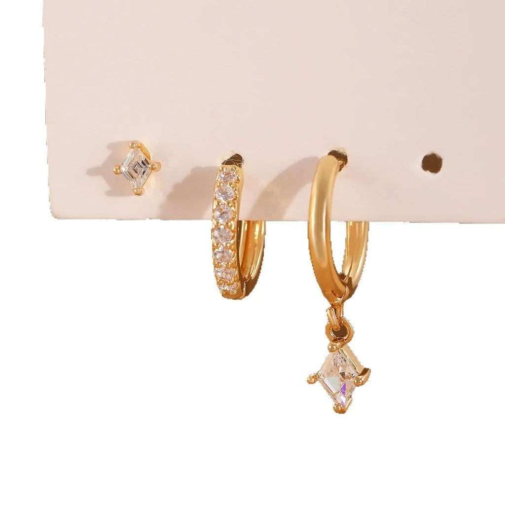 Three-piece ladies earring set with geometric zircon designs in gold and white copper jewellery