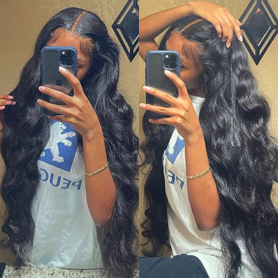 Black long curly synthetic wig with side bangs and front lace construction