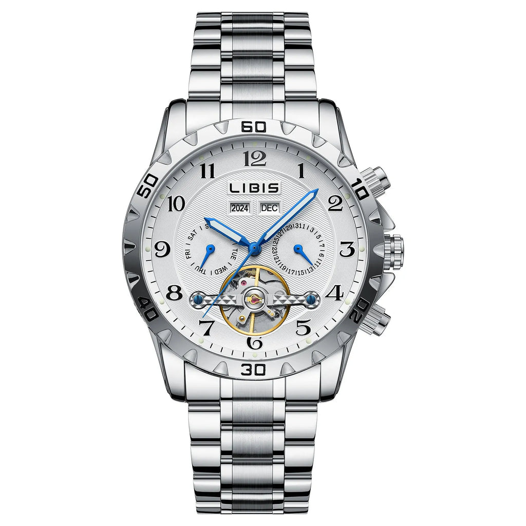 Silver automatic perpetual calendar mechanical watch with stainless steel strap and sapphire crystal glass