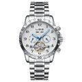 Silver automatic perpetual calendar mechanical watch with stainless steel strap and sapphire crystal glass