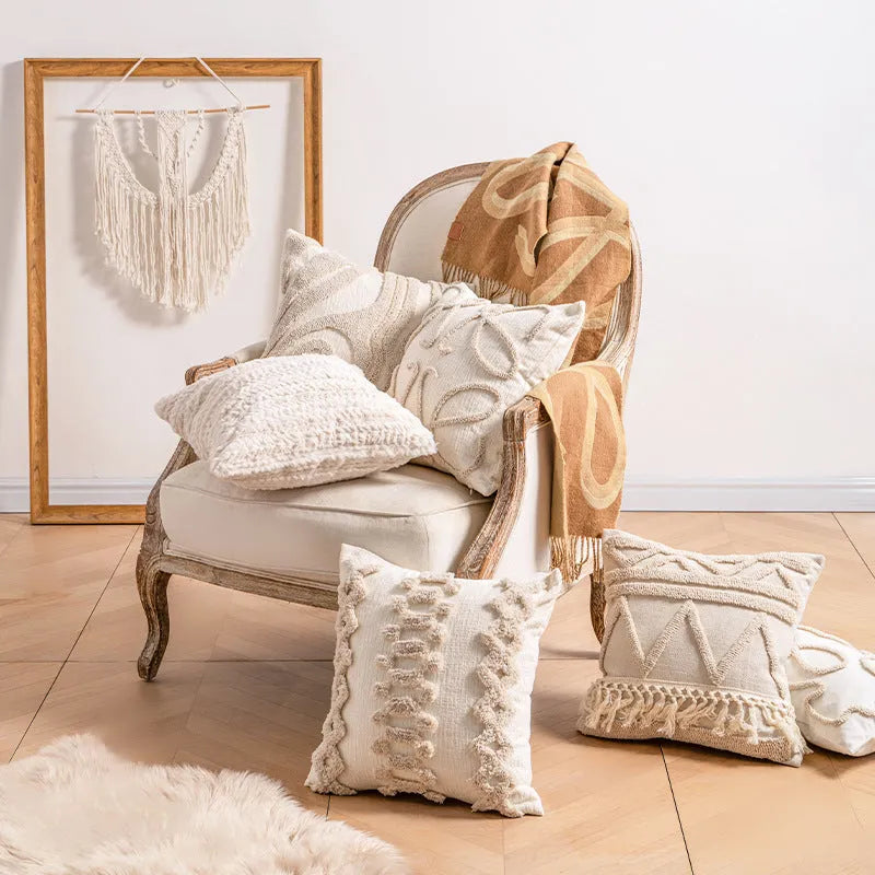 Decorative knitted sofa cushion cover with tassel trim in a choice of six patterns and two sizes.