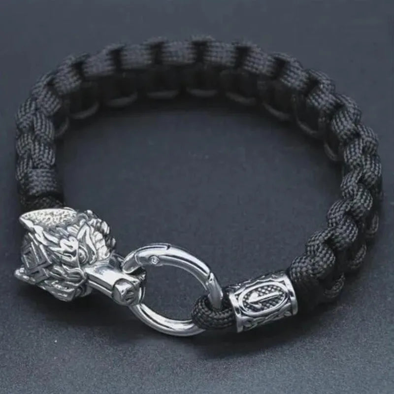 Handmade titanium steel wolf head bracelet in camouflage colour showing polished finish and detailed animal design.