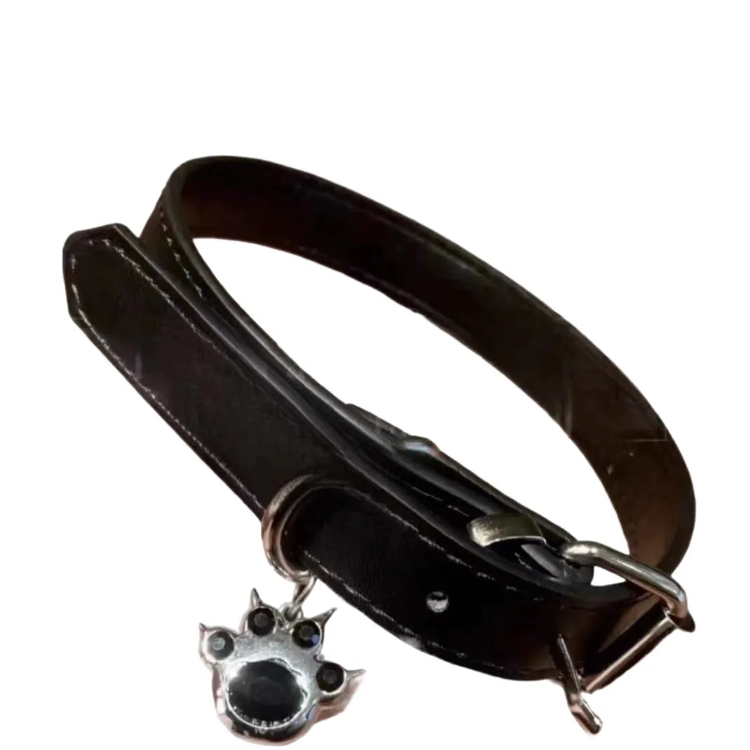 Black leather adjustable dog collar for small to medium dogs with 21-50cm perimeter