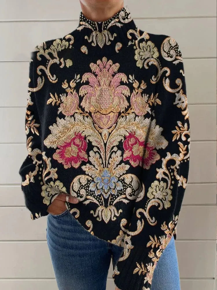 Black 3D pattern printed turtleneck sweater with loose fit and long sleeves