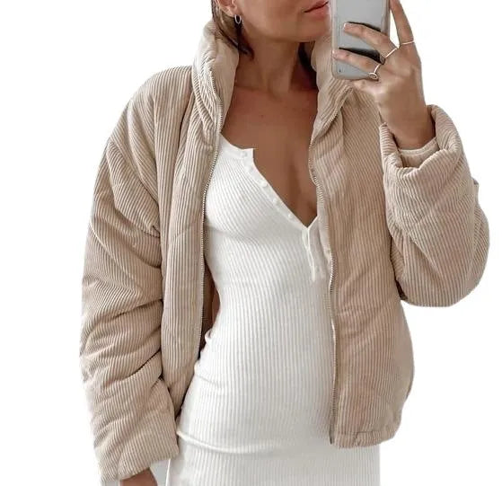 Women's apricot corduroy jacket with wadded quilting, stand collar, and zip-front closure