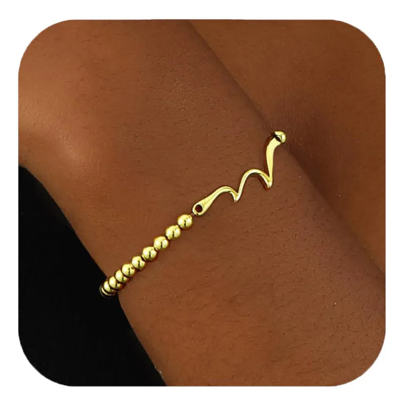 Adjustable stainless steel beaded bracelet for women in a geometric design, shown in one of six colour variations.
