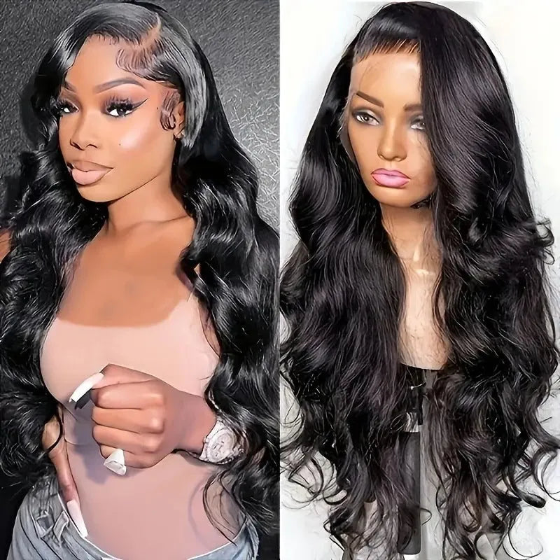 A black ladies' wig with big wave styling on a lace base, showing its long synthetic fibres.