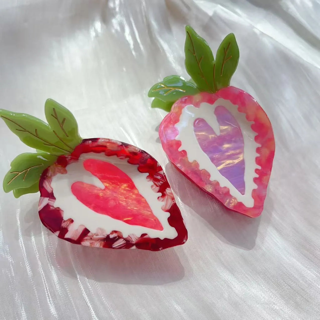Handmade strawberry hairpin in red or pink colour with pastoral style fruit design