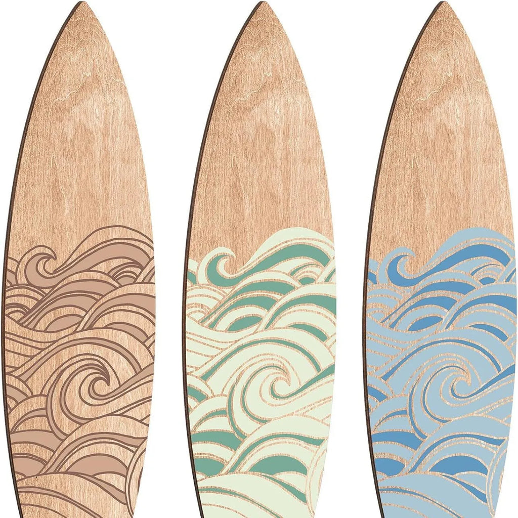 Three wooden surfboard-shaped wall decorations in boxwood with European style design