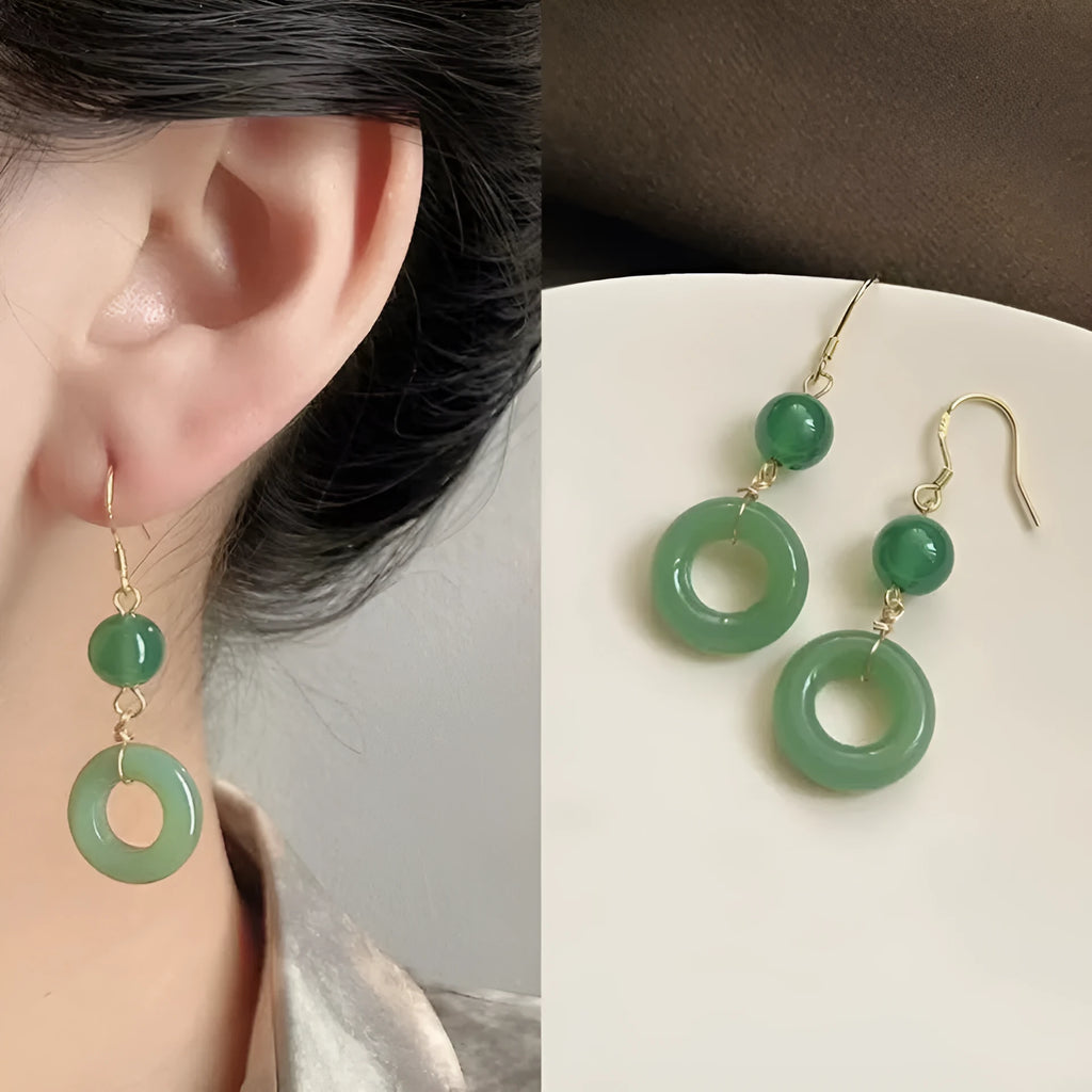 Green jade design peace buckle earrings with 14K gold plating on zinc alloy