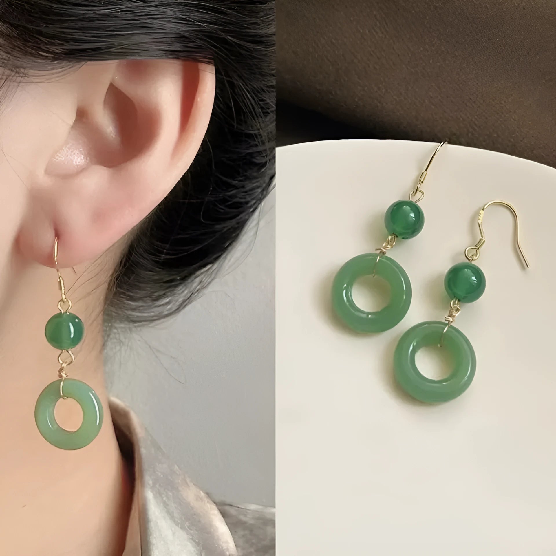 Green jade design peace buckle earrings with 14K gold plating on zinc alloy