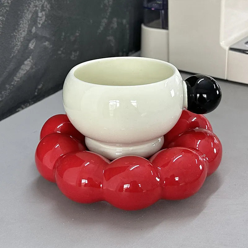 Ceramic coffee set with 250ml cup and dish in solid colour options including bean green, coffee brown, and pink