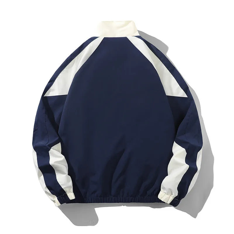 Men's black contrast stitch casual jacket with side seam pockets showing loose fit design