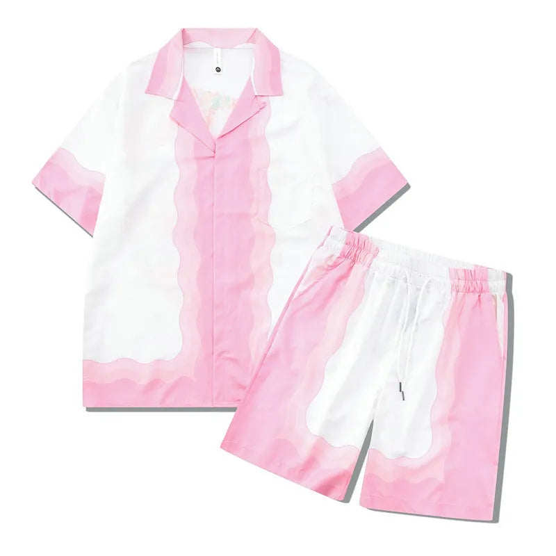 Plaid patterned beach shirt and trouser outfit set for men and women on a mannequin