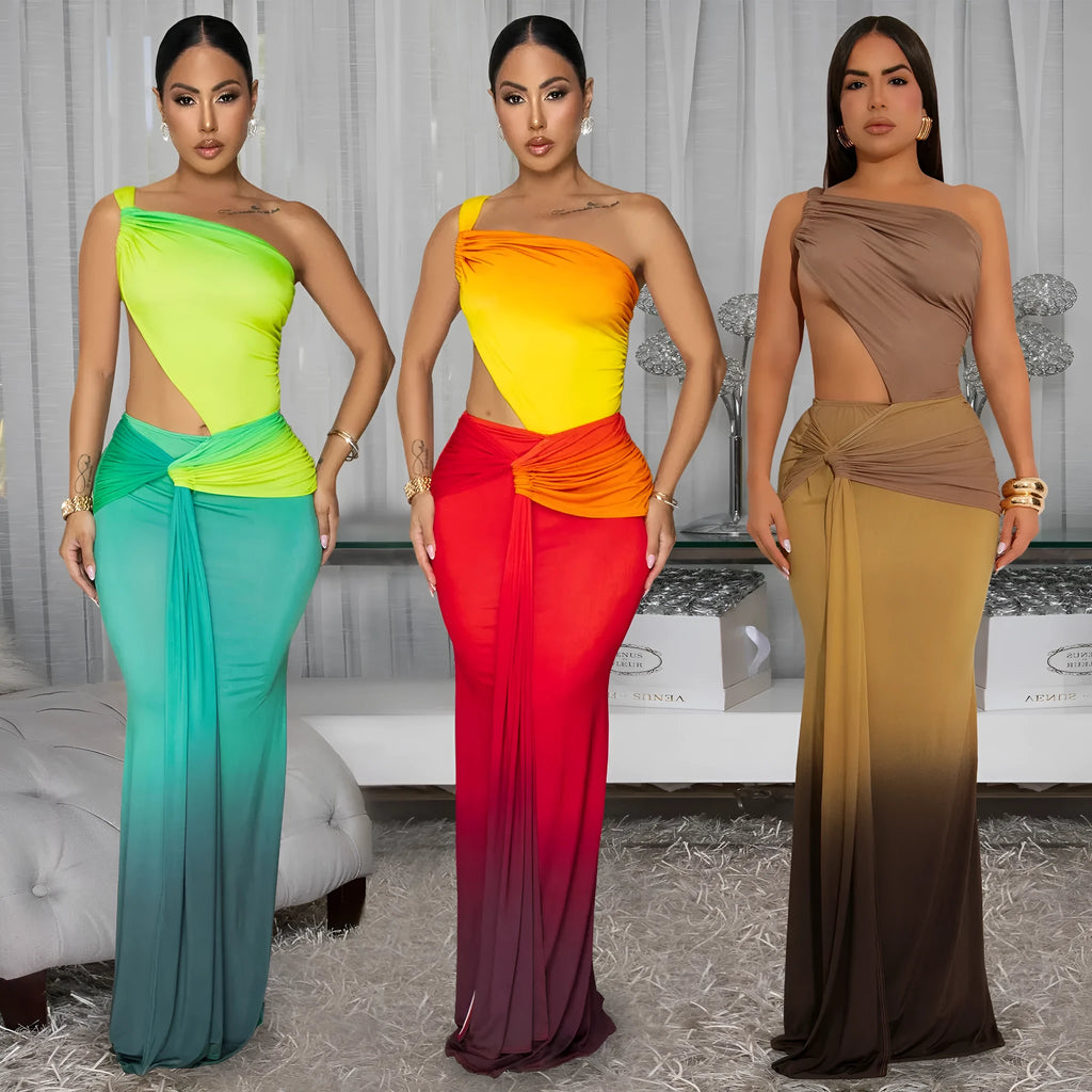 A green gradient oblique shoulder dress with a high waist and long one-step skirt.