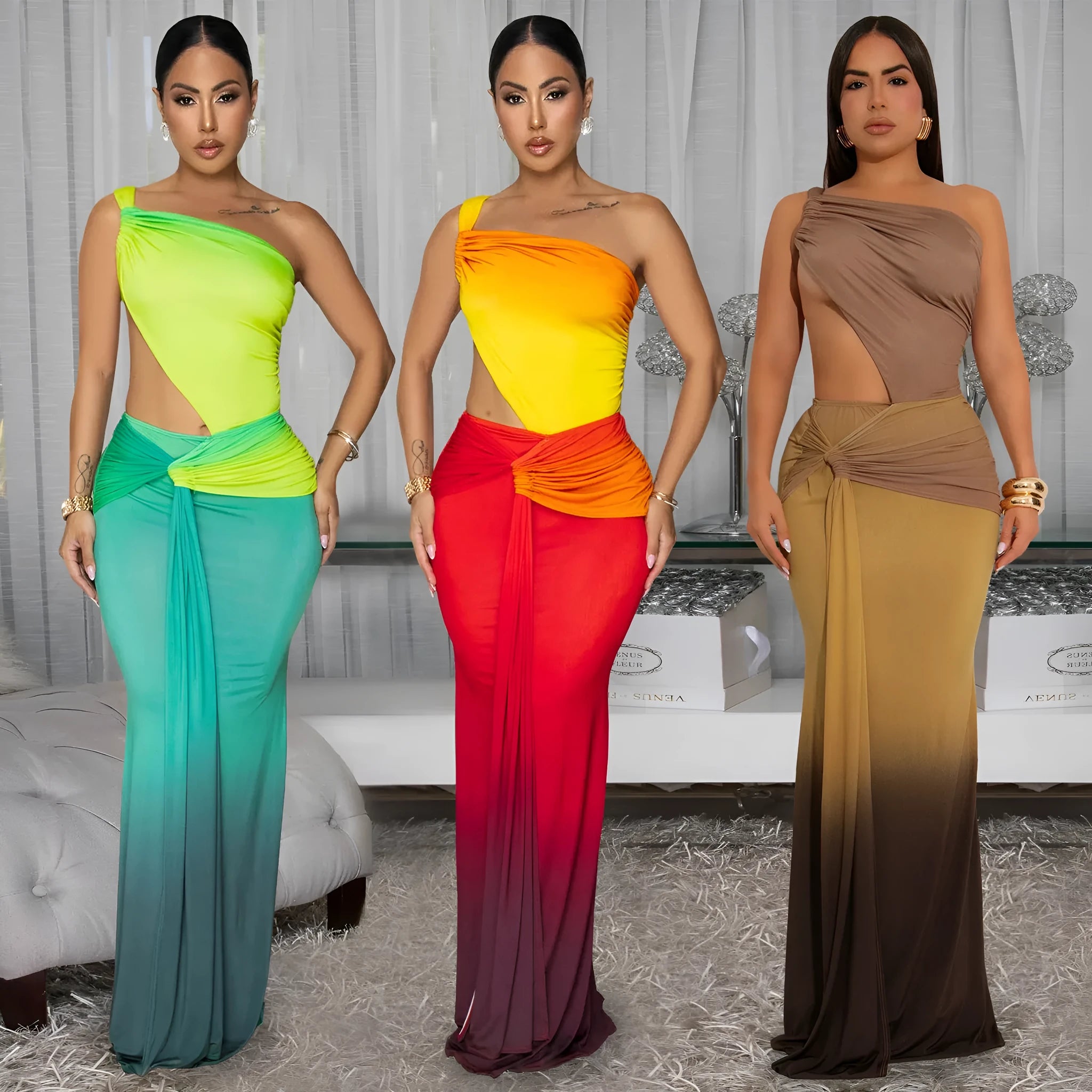 A green gradient oblique shoulder dress with a high waist and long one-step skirt.