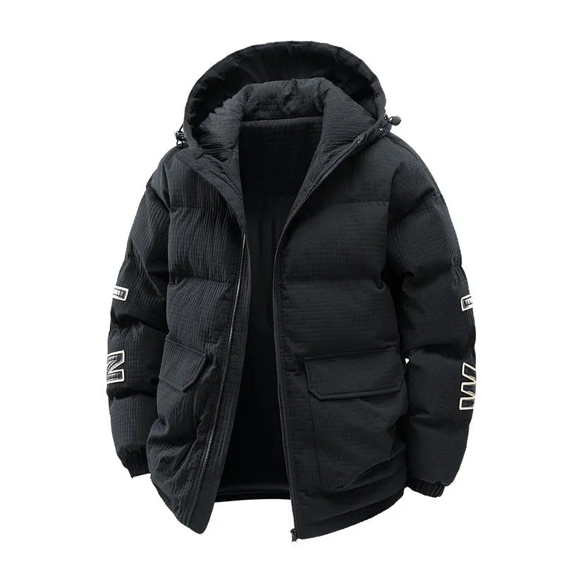 Men's black cotton-padded hooded winter coat with white letter-print design, Korean cardigan style with side pockets
