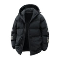 Men's black cotton-padded hooded winter coat with white letter-print design, Korean cardigan style with side pockets