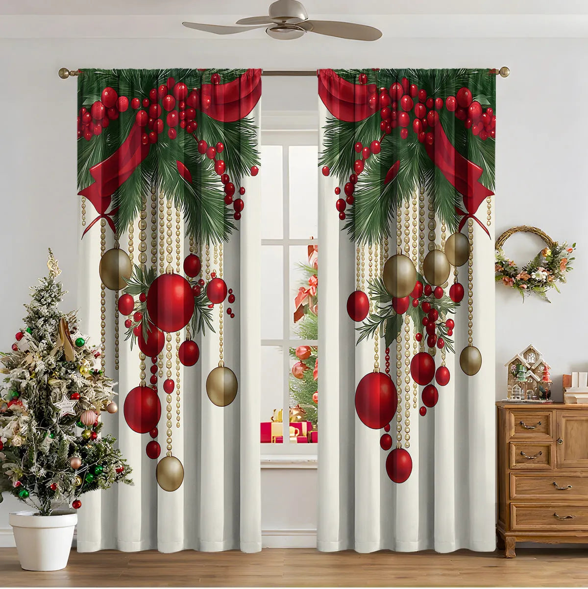 3D digitally printed Christmas curtain with modern simplicity design showing festive imagery
