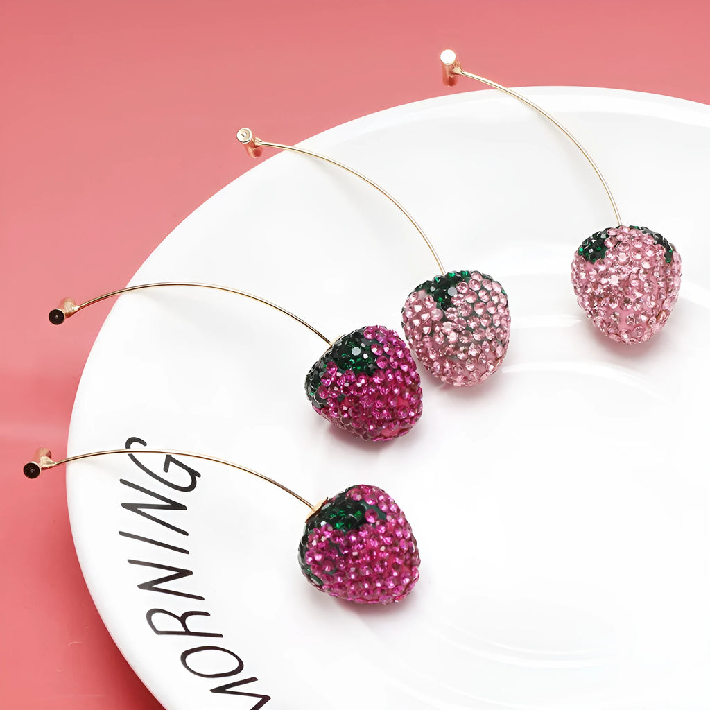 Geometric strawberry-shaped drop earrings for women in red zinc alloy.
