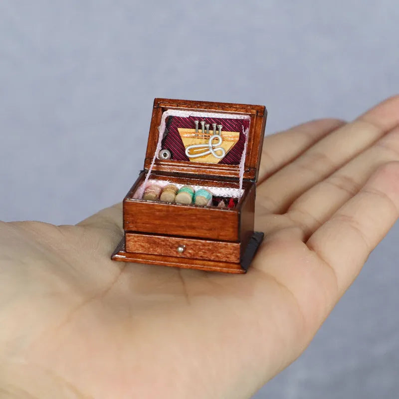 Miniature vintage wooden sewing box ornament with European style design measuring 2.2cm × 3.4cm × 2.3cm