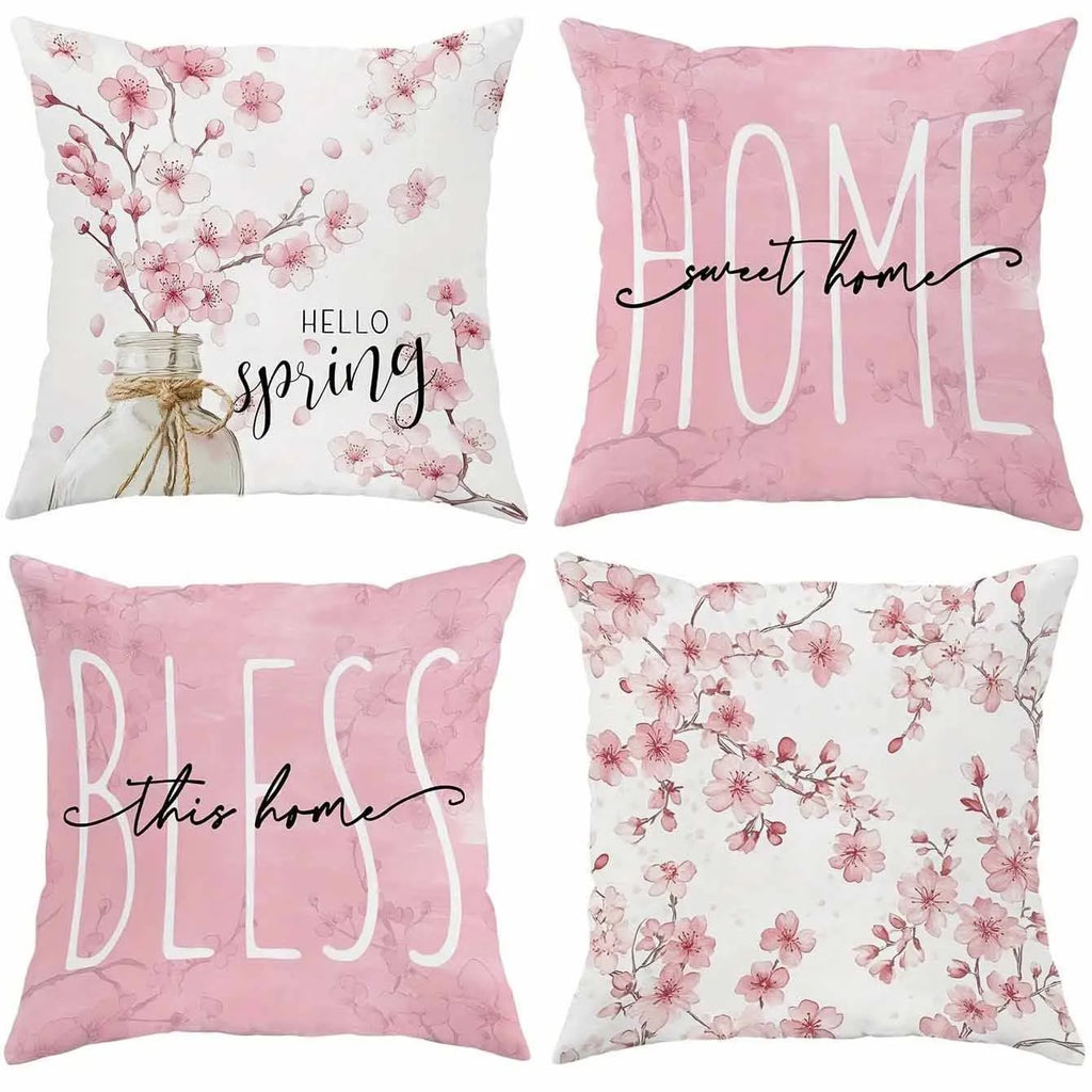 Square short velvet cushion cover with spring cherry blossom pattern, 45cm size.