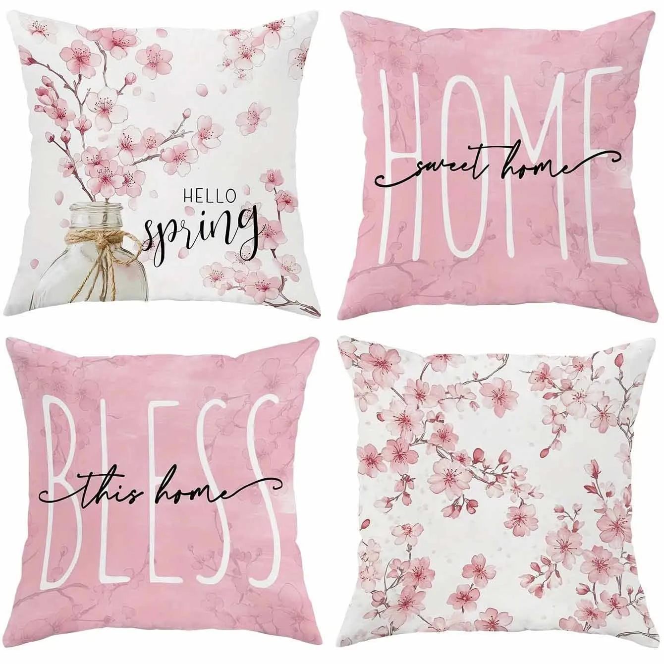 Square short velvet cushion cover with spring cherry blossom pattern, 45cm size.