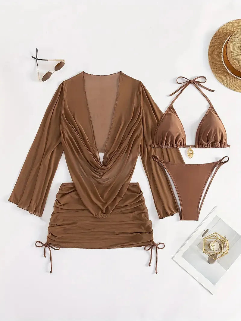 Women's dark brown backless bikini set with lace-up tie, laid flat.