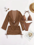 Women's dark brown backless bikini set with lace-up tie, laid flat.