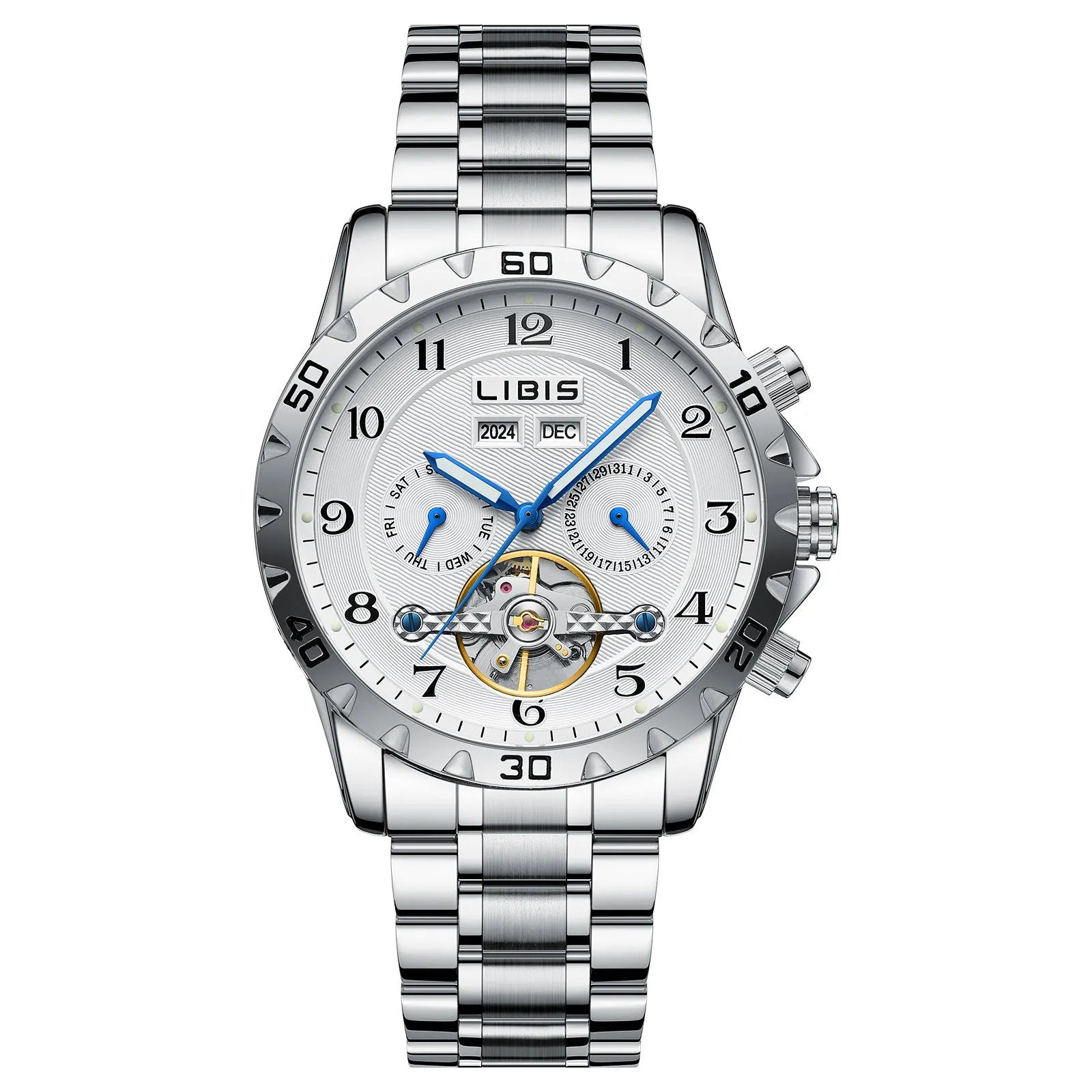 Silver automatic perpetual calendar mechanical watch with stainless steel strap and sapphire crystal glass
