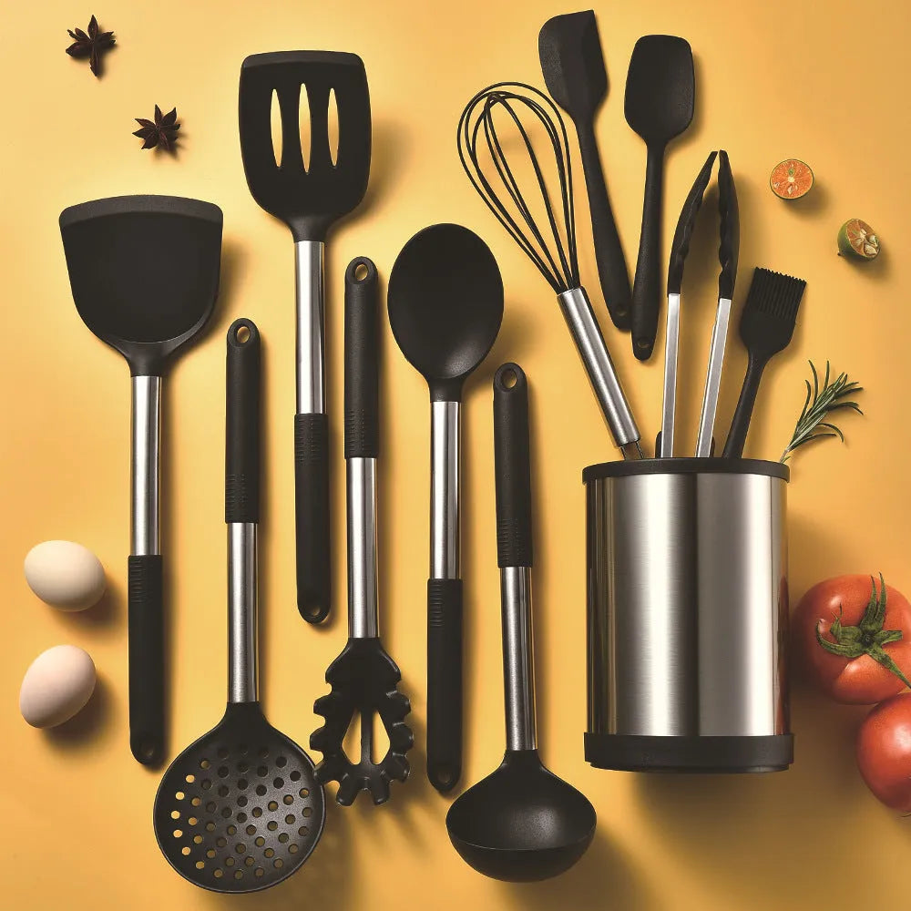 Black silicone 12-piece kitchen utensil set with rotating storage bucket including ladle, spatula, and food clip.