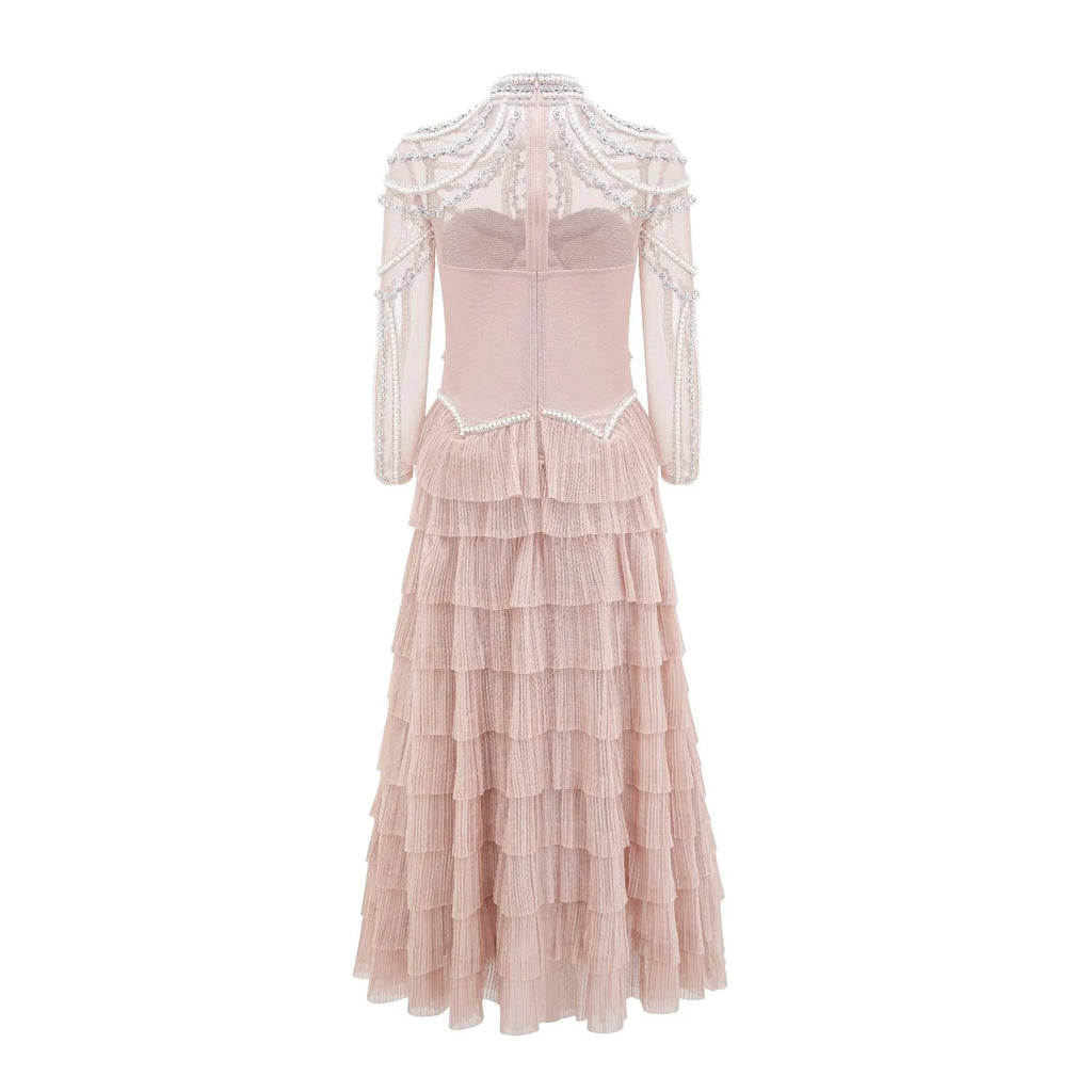 Women's long sleeve beaded polyester dress in black or pink with mid waist design