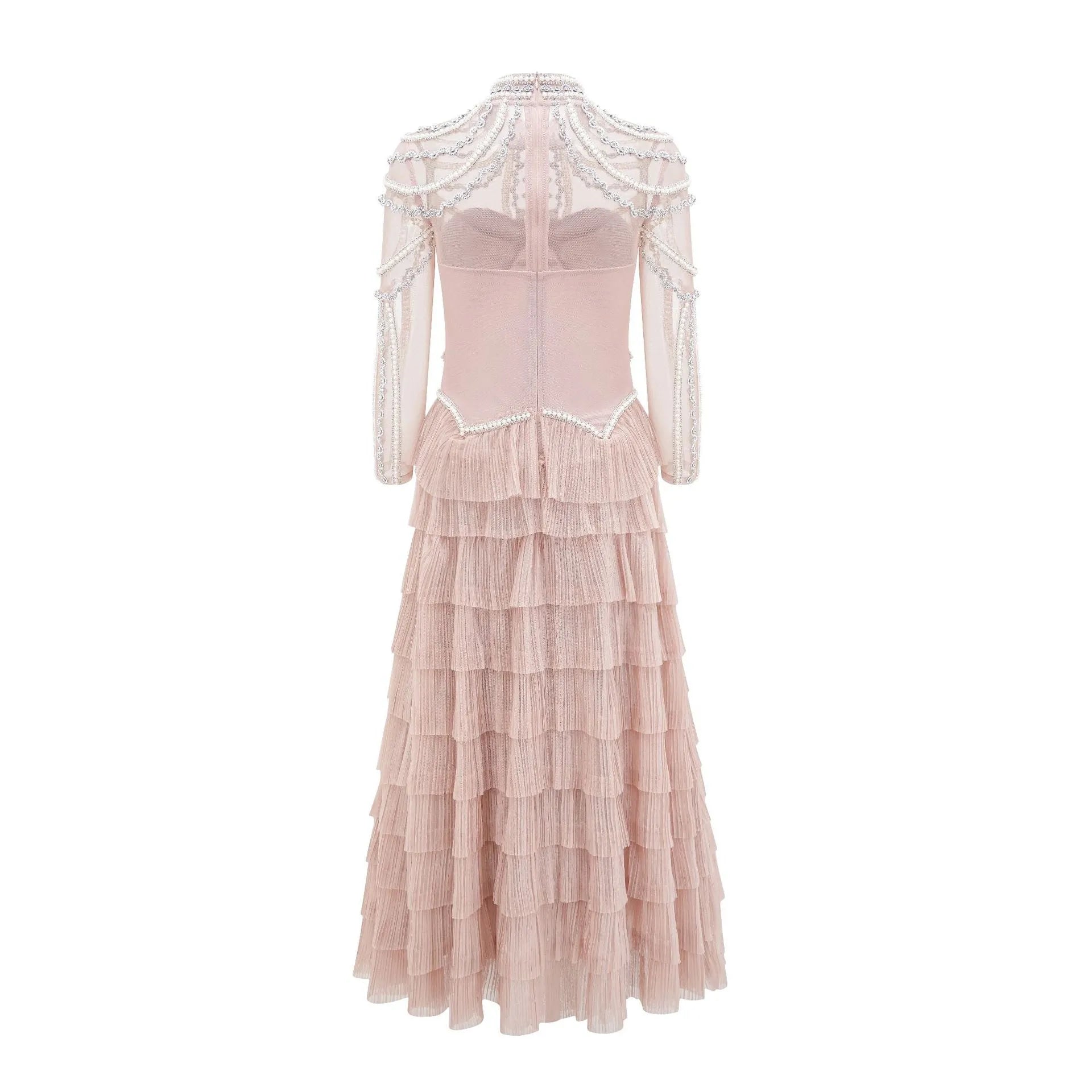 Women's long sleeve beaded polyester dress in black or pink with mid waist design