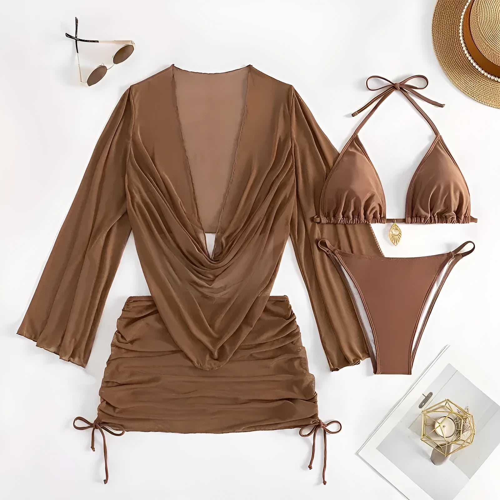 Women's dark brown backless bikini set with lace-up tie, laid flat.