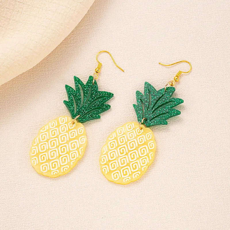Acrylic drop earrings with coconut and jackfruit design on alloy hooks in various colour styles.