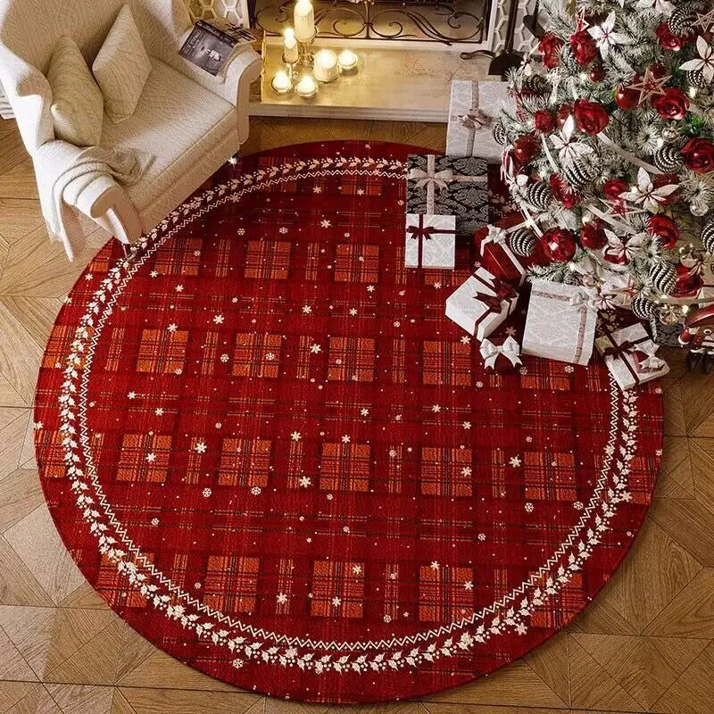 Round red Christmas carpet with festive pattern on wooden floor
