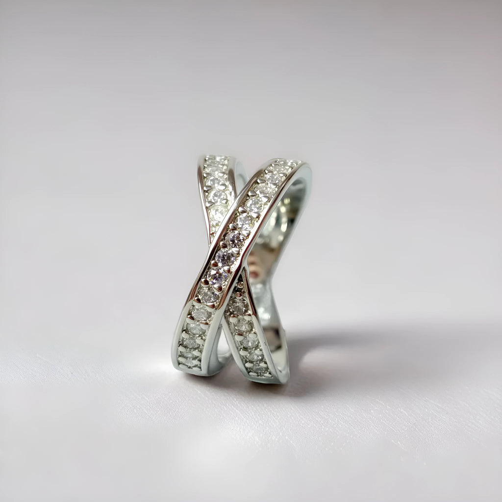 Copper cross ring with micro-inlaid zircon detailing in silver or rose gold electroplating
