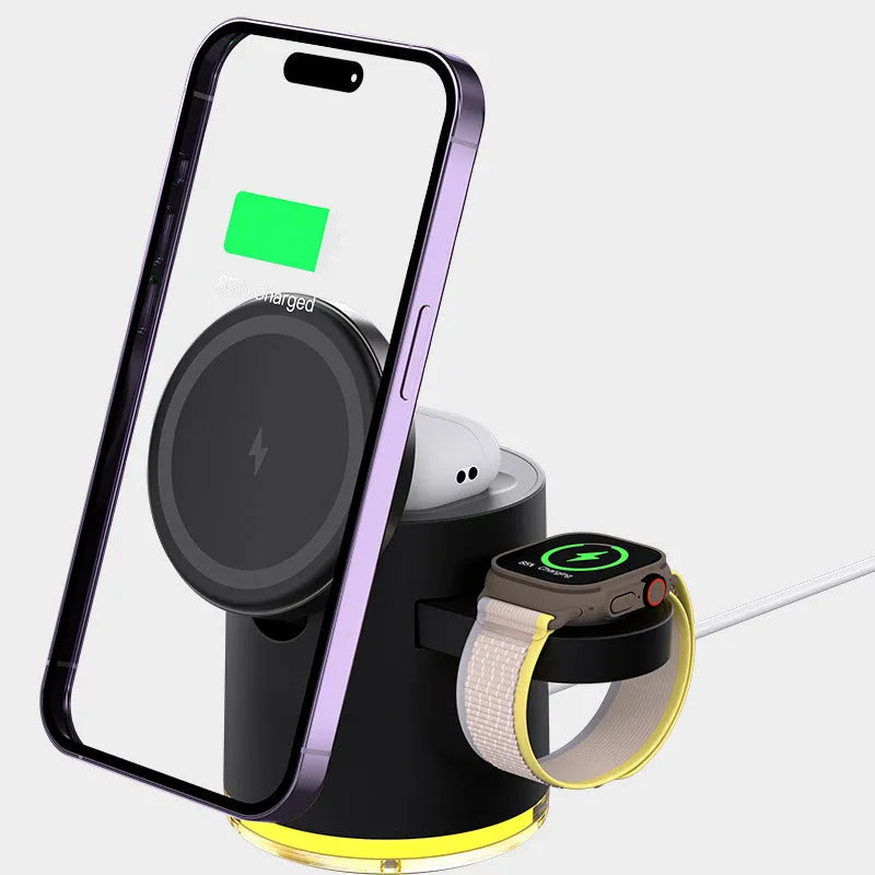 C16 folding magnetic wireless charger in black showing three charging areas for phone, watch and earbuds.