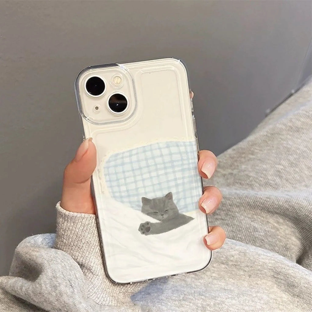 Transparent TPU phone case with sleeping cat pattern for Apple iPhone showing shockproof protective design
