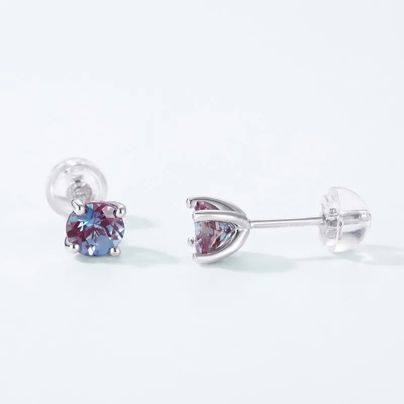 Women's geometric round stud earrings in 925 silver with Alexander Stone centrepiece in cultivated Alexandrite colour