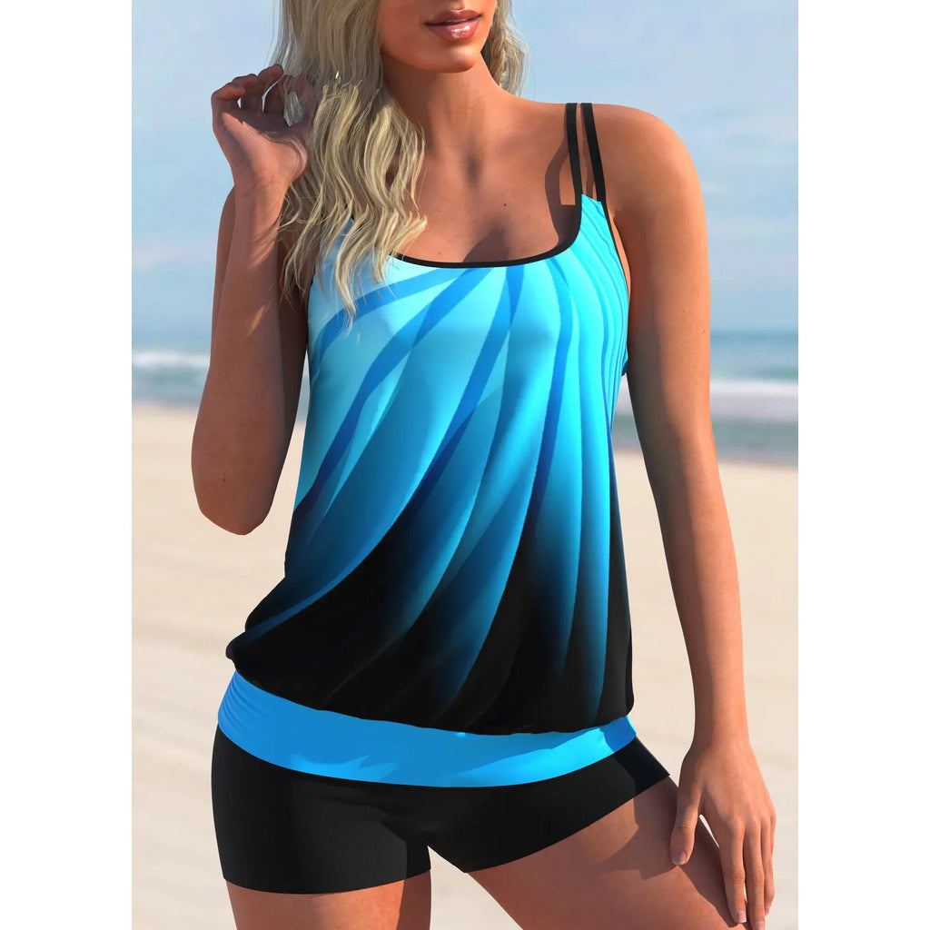 Women's plus size butterfly print halter neck swimsuit top with matching beach shorts.