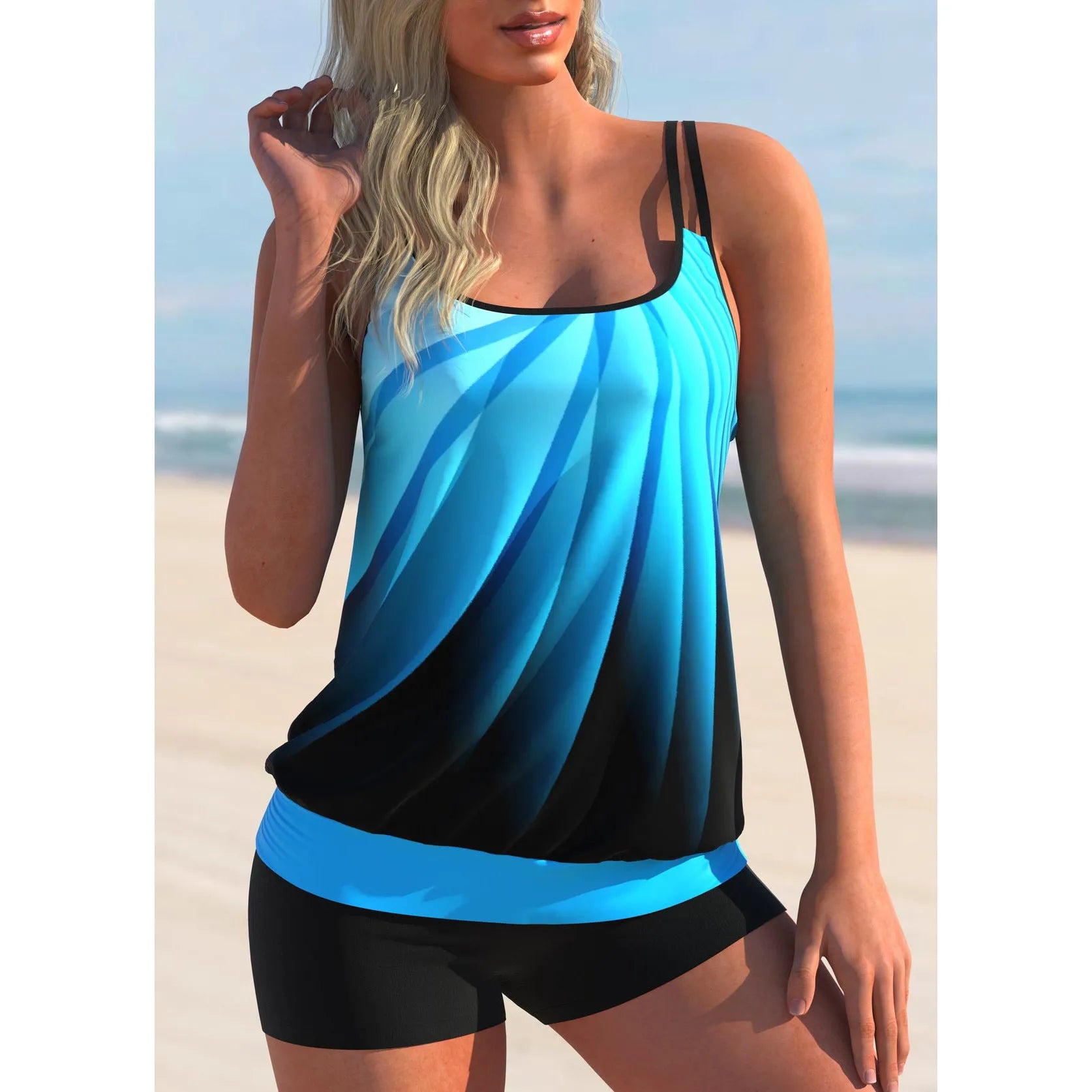 Women's plus size butterfly print halter neck swimsuit top with matching beach shorts.