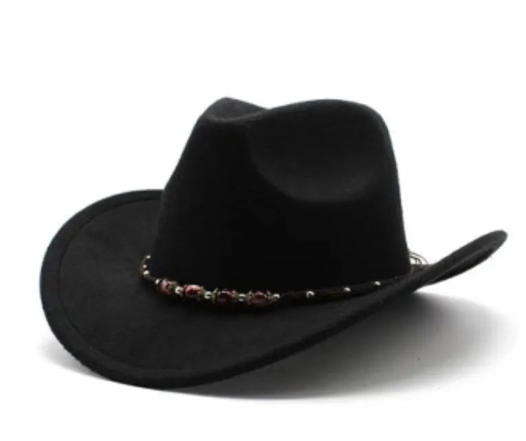 Brown leather velvet Western cowboy hat with curved brim and conical crown