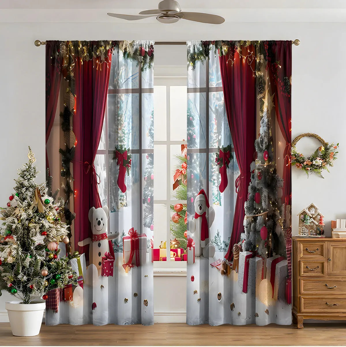 3D digitally printed Christmas curtain with modern simplicity design showing festive imagery